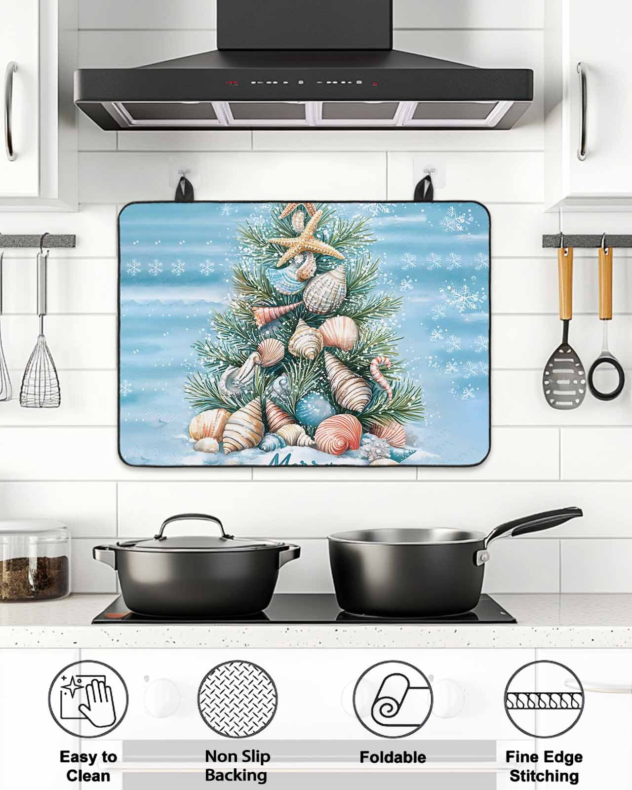 Stove Top Covers for Electric Stove, Blue Coastal Christmas Glass Stovetop Cover Protector, Nautical Summer Beach Shell Conch Induction Cooktop Protector Oven Mat for Kitchen Countertop 24"x21"