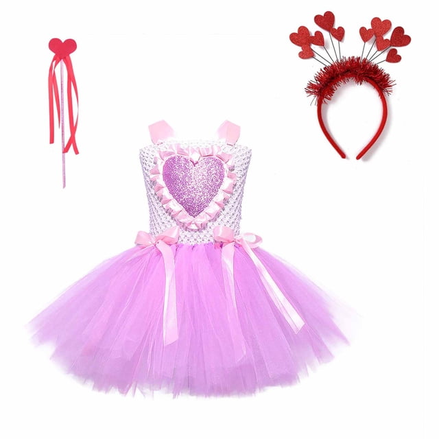 Odeerbi Niñas Verano Amor Patrón Tul Tutu Vestido + Diadema + Varita Set Etapa Rendimiento Trajes Bebé Sin Mangas Tank Vestido Malla Princesa Vestido