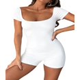 thumbnail image 2 of Women‘s Sexy Ribbed Bodycon Short Jumpsuit Short Sleeve Square Neck Solid Color Buttons Overalls Playsuit One Piece Rompers, 2 of 8