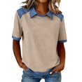 thumbnail image 2 of Women's Denim Patchwork Lapel Collar T-Shirt, Short Sleeve Casual Pullover Top, Soft Loose Fit Streetwear Shirt for Daily Wear and Casual Summer Outfits Khaki L, 2 of 9