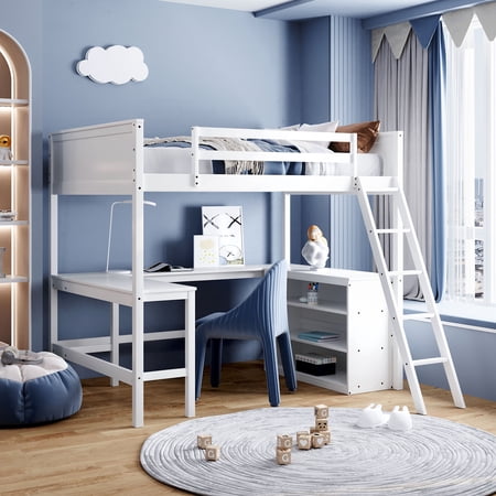 JINS&VICO Full Size Loft Bed with Shelves and Desk  Wooden Bed Frame with Ladder and Guardrails  Multifunctional Loft Bed for Kids Teens Adults  Bedroom Dorm Furniture  White