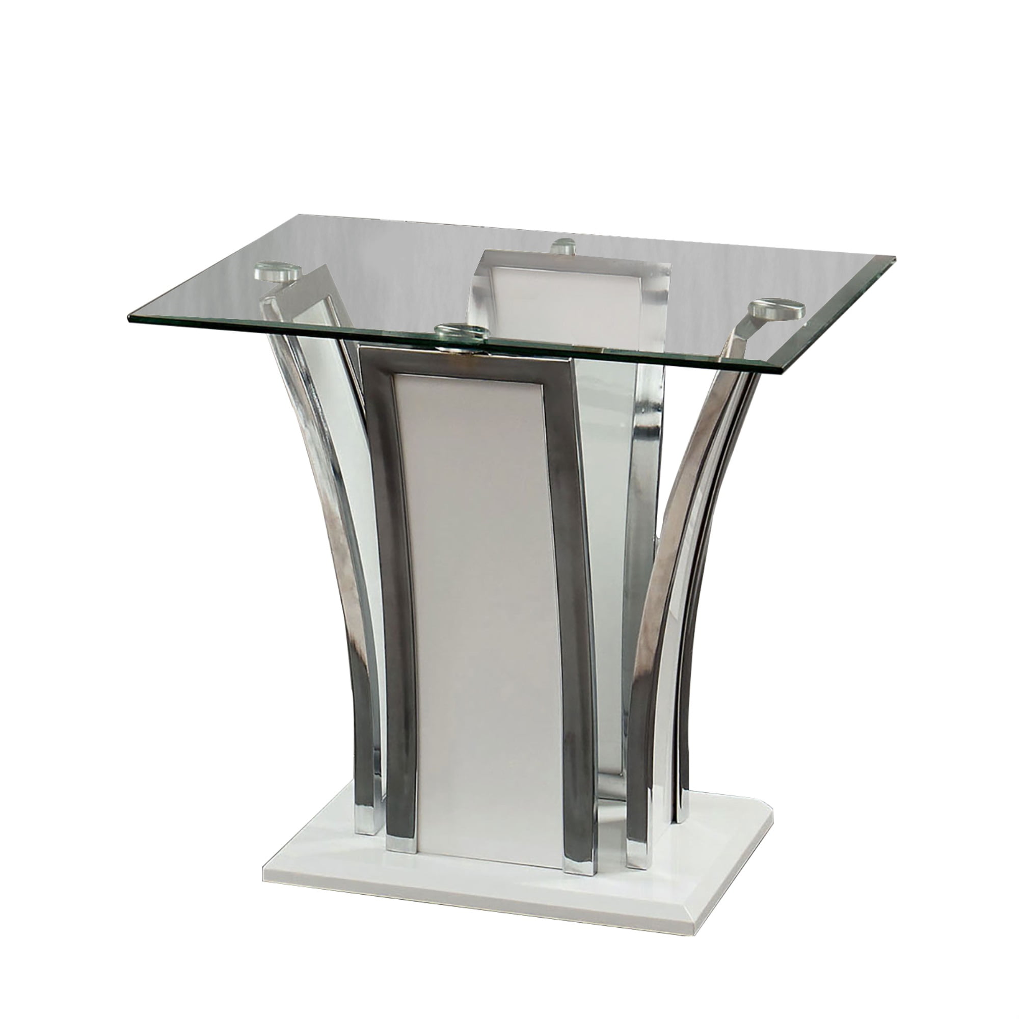 Chrome Trim Flared Base End Table with Glass Top, White and Silver