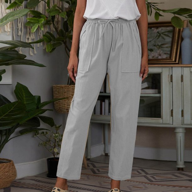 ICHUANYI Liquidación Mujer Moda Casual Algodón Lino Color Bolsillo Suelto Pantalones ICHUANYI WER2023082203477