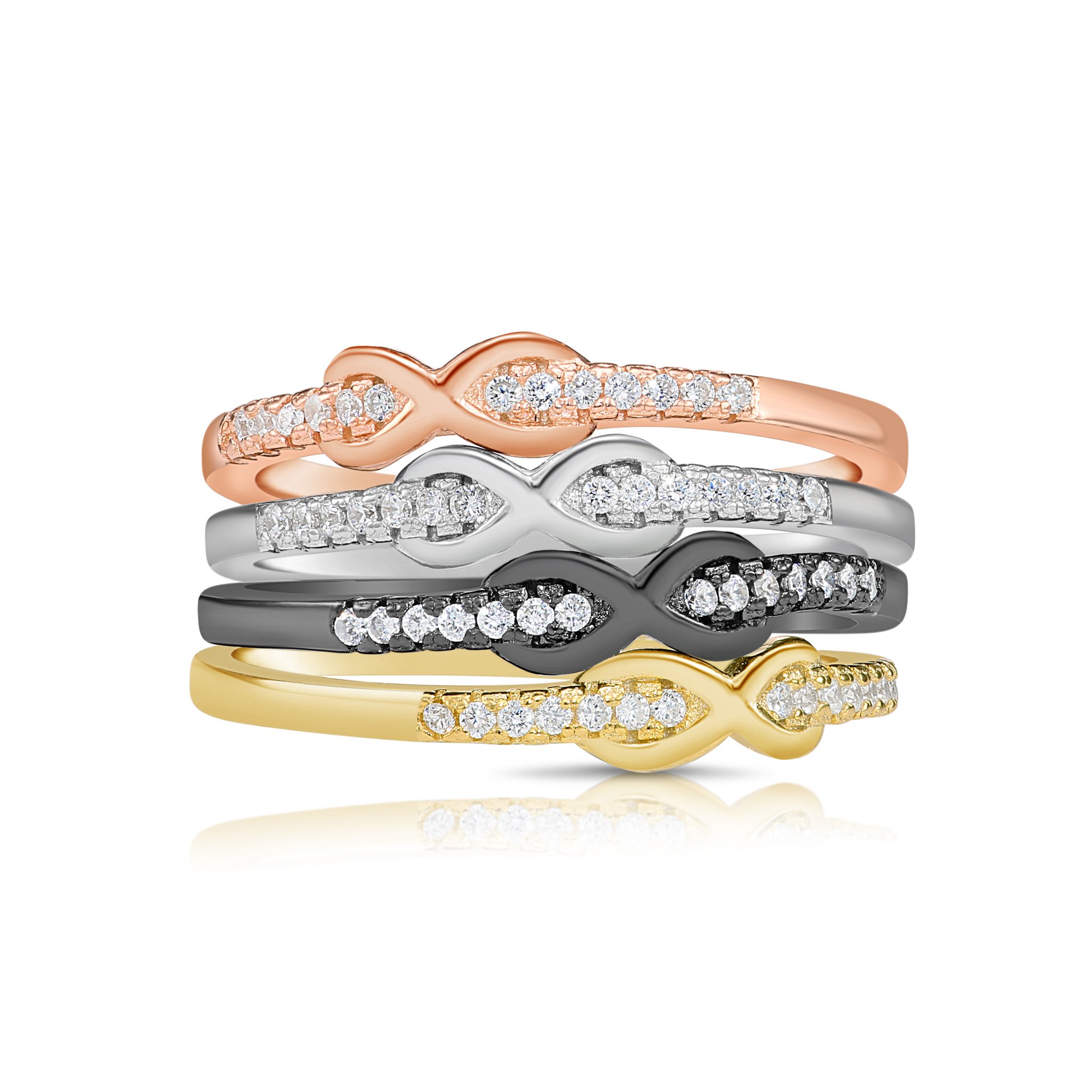 Tilo Jewelry .925 Sterling Silver Set of 4 Infinity Rings with Cubic Zirconia CZ Stones | Size 5 | Women & Unisex