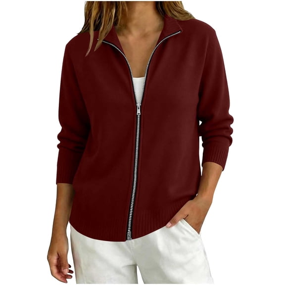 Cmfcve Women's Sweater Jackets Zip Up Long Sleeve Knit Tops Stand Collar Casual Loose Fit Cardigans with Pockets
