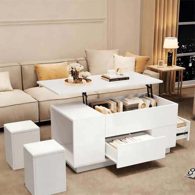 39.3*19.6*23.2'' Coffee Table 4-in-1 Height-Adjustable Sofa Table with LED, Coffee Table with 2 Drawers, High-Gloss Table with Sofa and 2 Stools, Side Table with Hidden Storage Space