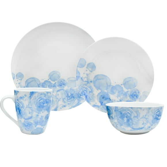 Juego de vajilla Completa Ambient 21 porcelana blanca diseño Flores Azules Estilo acuarela 16 piezas