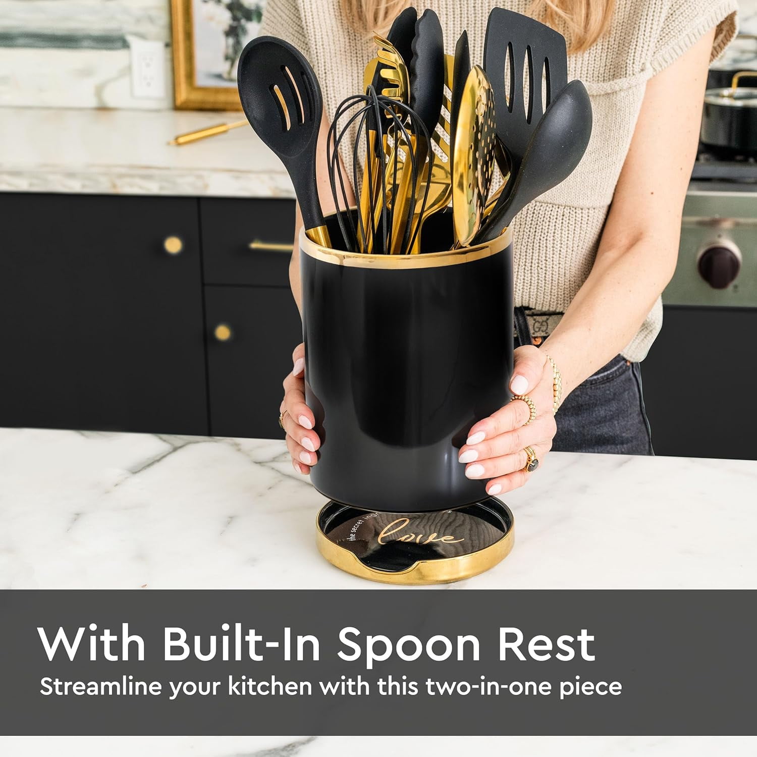 Styled Settings Black and Gold Utensil Holder with Built-in Spoon Rest - 2 PC Large Ceramic Utensil Holder Includes Black & Gold Spoon Rest