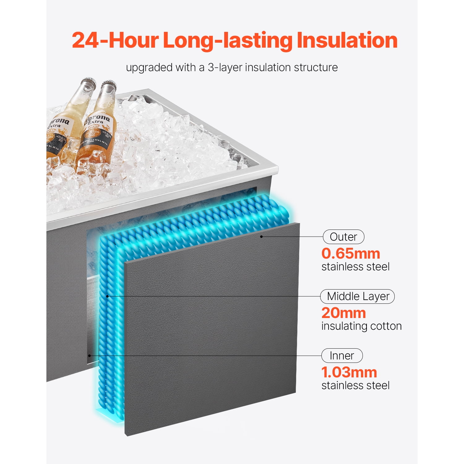 KFFKFF Stainless Steel Drop-In Ice Chest, 22"L x 17"W x 12"H Cooler, 45.3 Quart Capacity with Lid, Ideal for Outdoor Kitchens, Patios, and Bars, Includes Drain Pipe for Chilling Beverages