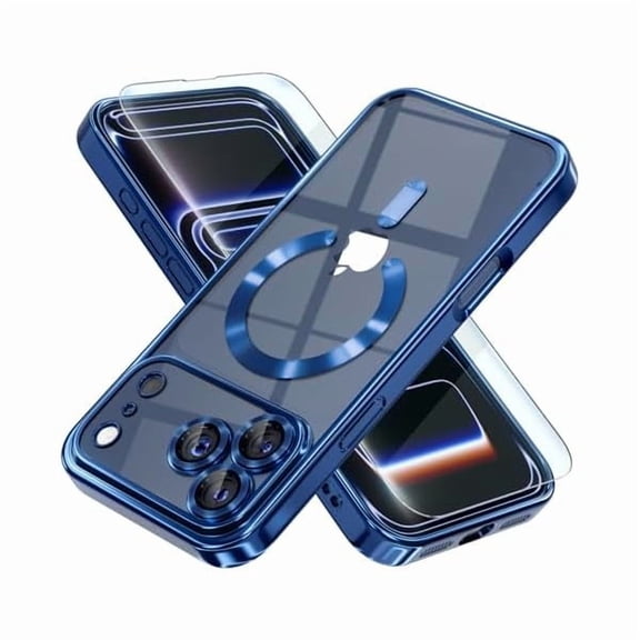 Eryueer Magnetic for iPhone 17 Pro Max Case Compatible with MagSafe [Never Yellowing] [Military Grade Drop Protection] Full Camera Lens Protector Plating Soft Clear Phone Case for Women Deep Blue