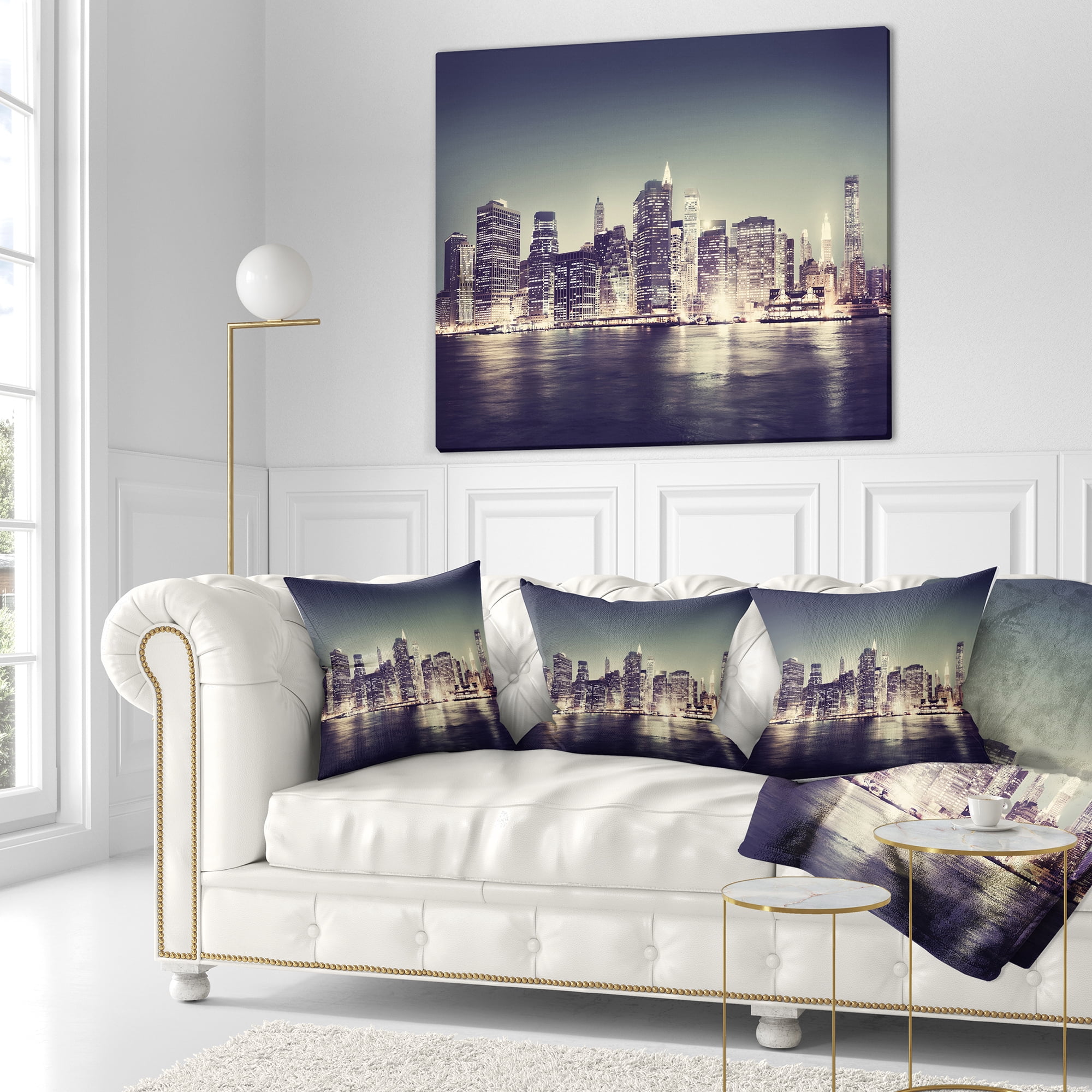 Designart Black and White NYC Night Panorama - Throw Pillow - 18x18