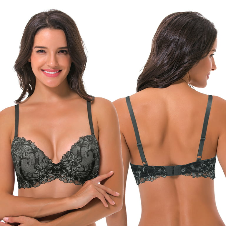 Curve Muse Women's Plus Size Add 1 and a half Cup Push Up Underwire Lace  Bras -2PK-BLACK,RED-40C 