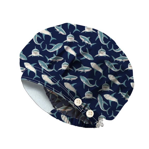 1 pc Cotton Adjustable Printed Bouffant Hats Working Caps for Women Men with Button Shark Inner Diameter: 400~600mm