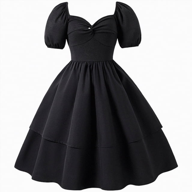 NIEWTR Girls Solid Color Summer Dress Short Sleeve Ruched Waist Full Swing Dress(Black,10-11 Years)
