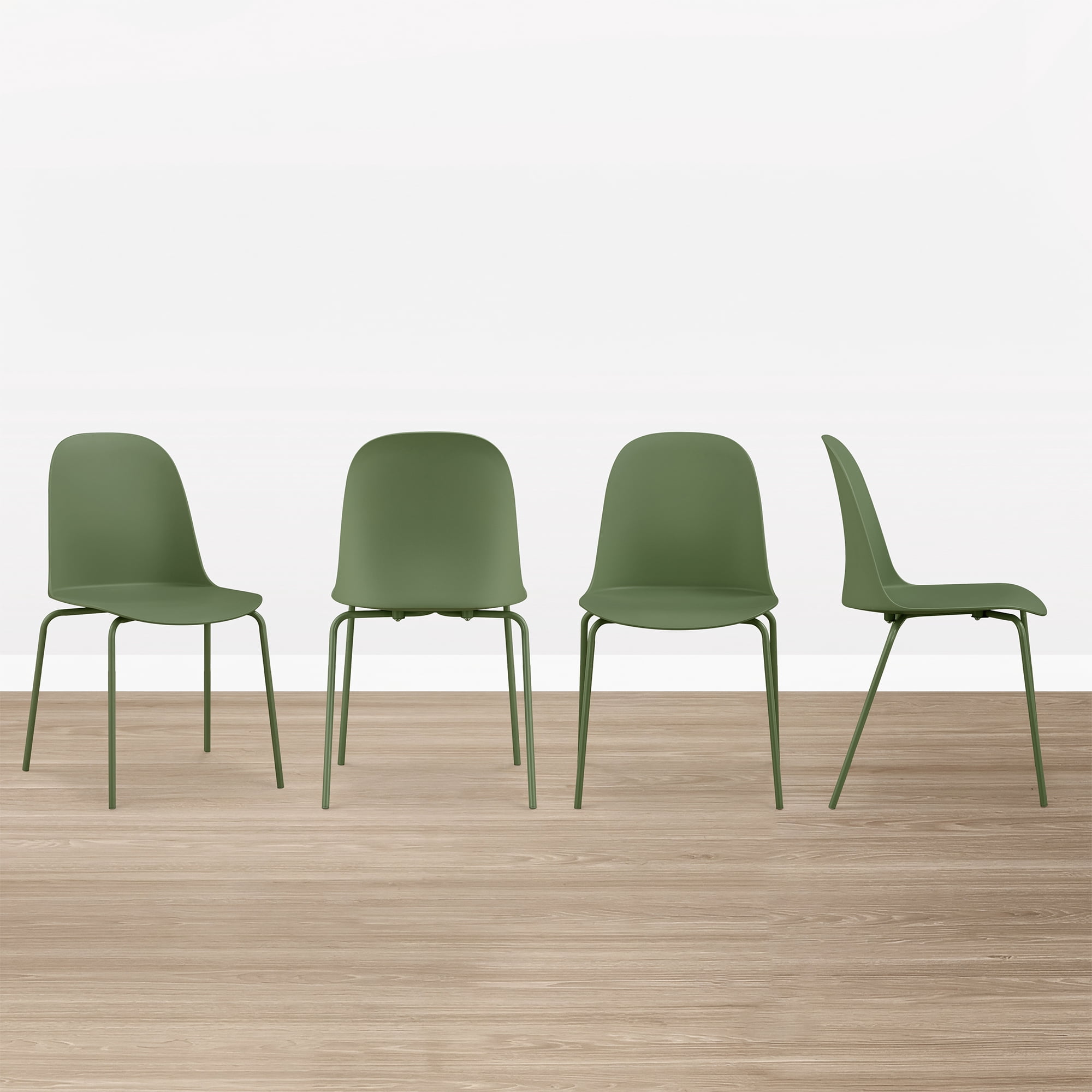 Spruce & Spring Modern Stackable Dining Chairs, Molded Plastic Kitchen Chairs with Metal Legs, Space-Saving Armless Design, Green, Set of 4