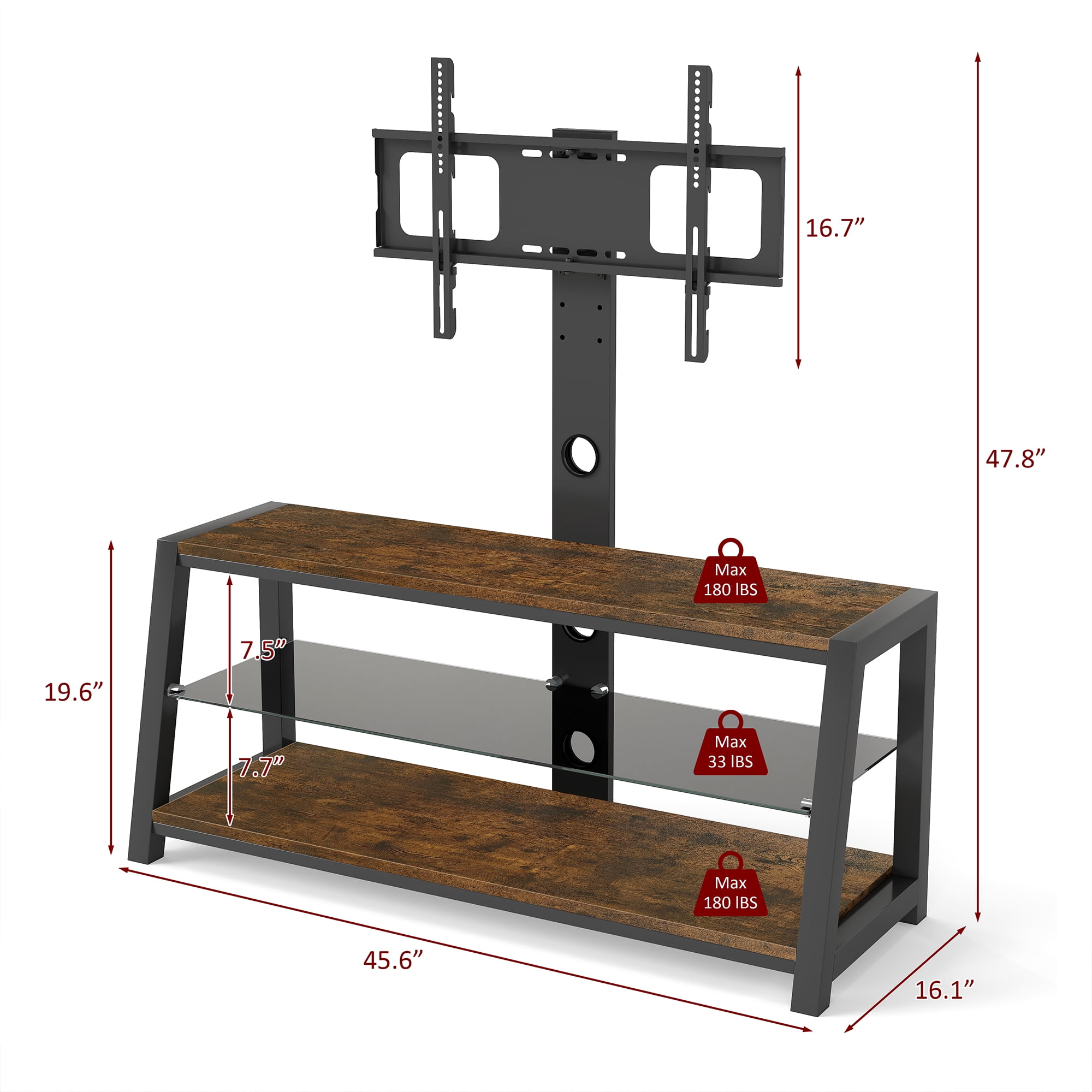 New 45.6 inch Wooden Storage TV Stand Black Tempered Glass Height Adjustable Universal Swivel Entertainment Center With Mount TV Stand, Rustic Browm