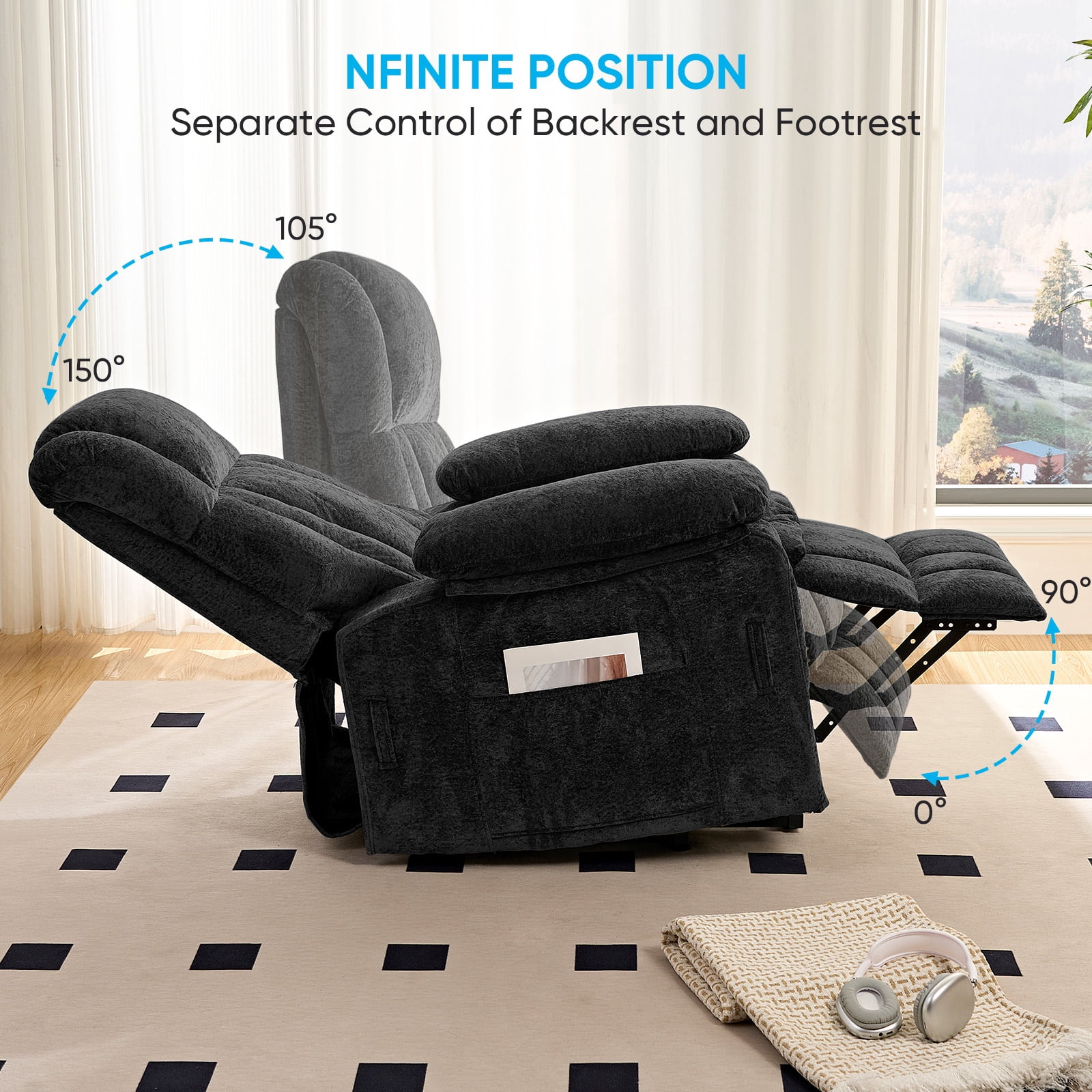 BALUS Oversized Power Lift Recliner with Dual Motor for Elderly, Velvet Arm Chair with Heat and Massage for Living Room, Black