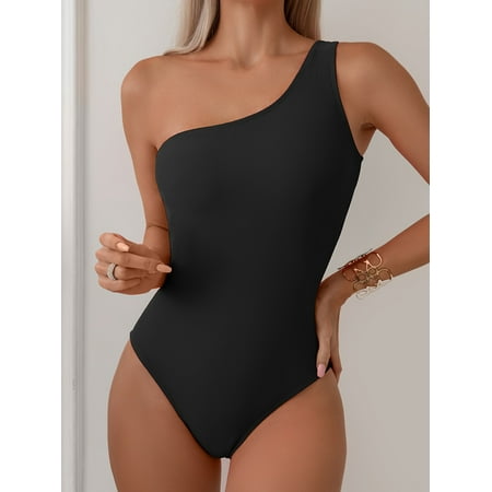 Asymmetric One Shoulder Plain One-piece Swimsuit  High Cut Stretch Hot Pinkish Bathing Suits  Women s Swimwear & Clothing Valentine s Day
