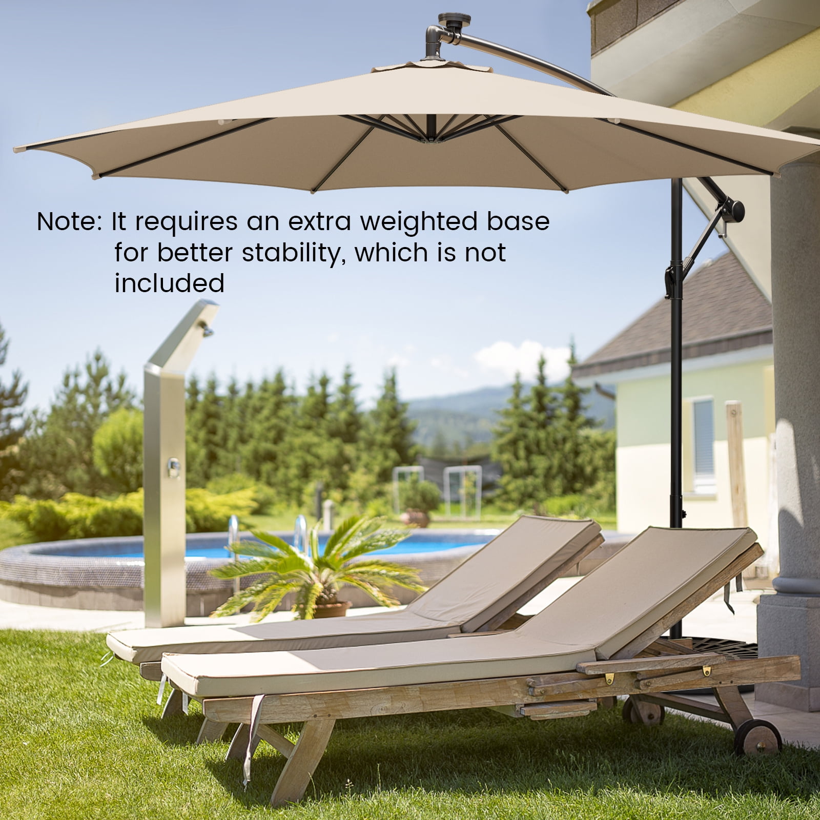Topbuy 10FT Solar Offset Umbrella Tilted Cantilever Umbrella with 112 LED Lights Lighted Patio Sun Shade with Crank Handle Beige