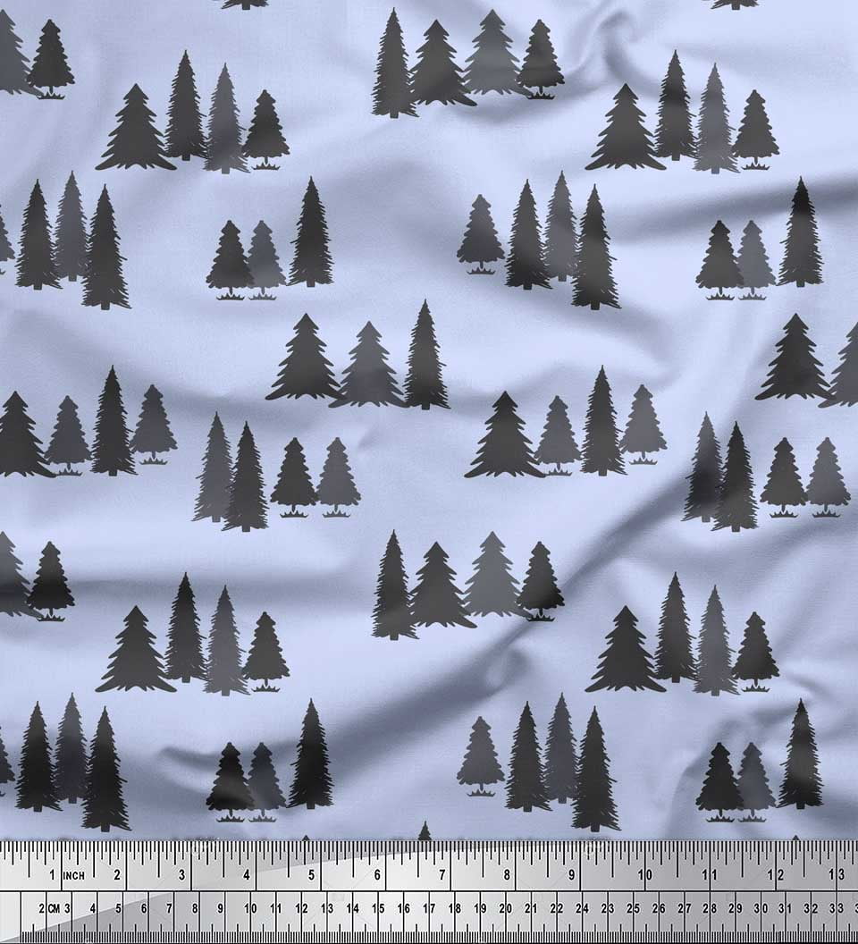 Soimoi Blue Poly Georgette Fabric Stencil Christmas Tree Printed Craft Fabric by the Yard 52 Inch Wide