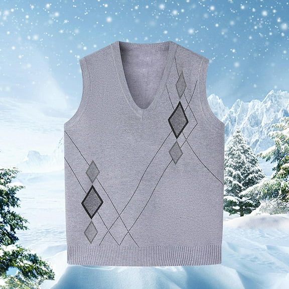 Puntoco Men Long Sleeve Shirt Mens V-Neck Knitted Sweater Sleeveless Pullover Knitwear Vest Solid Plain Loose Fit All Match Sweater Tops Silver Free Size