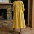 thumbnail image 4 of Summer V Neck Midi Dress for Women 3/4 Sleeve Solid Cotton Linen Dresses Casual Loose Beach Vacation Dresses with Pocket, XL, 4 of 6