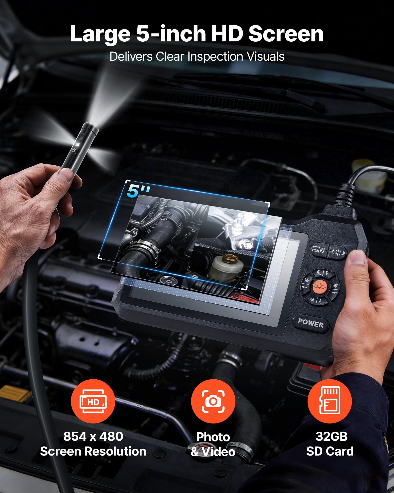 VEVOR Triple Lens Endoscope with Light, 5" HD IPS Screen Industrial Borescope, 1280 x 720 Lens, 8 + 2 LEDs, 8X Zoom, IP67 Waterproof Inspection Snake Camera for Auto, Plumbing (16.4FT Rigid Cable)