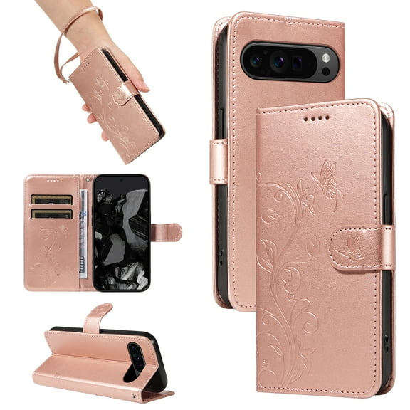 Allyechgroup Wallet Case for Apple Google Pixel 6a, Butterfly Floral Embossed Premium PU Leather Shockproof Flip Stand Cards Slots Hand Wrist Phone Case for Apple Google Pixel 6a, Rosegold