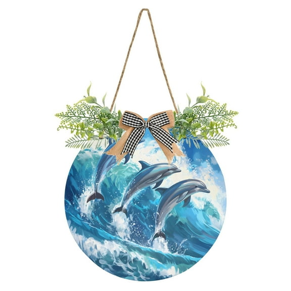 Beautiful Dolphins Jumped Welcome Front Door Sign Round 12 inch Porch Hanging Sign with Wreath Farmhouse Rustic Garden Decor
