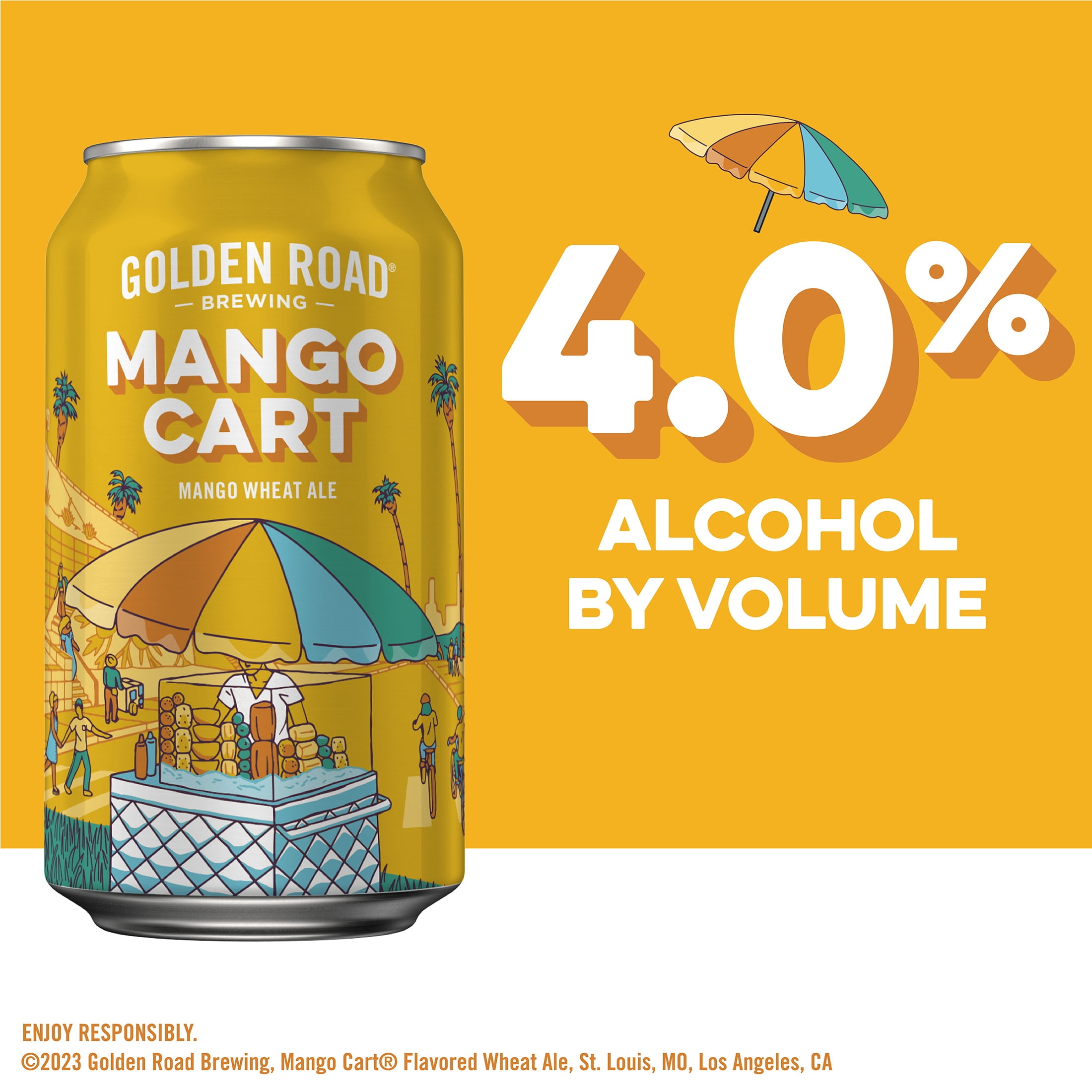 Golden Road Brewing Mango Cart Wheat Ale Craft Beer, 6 pack Beer, 12 fl oz Aluminum Cans, 4 % ABV