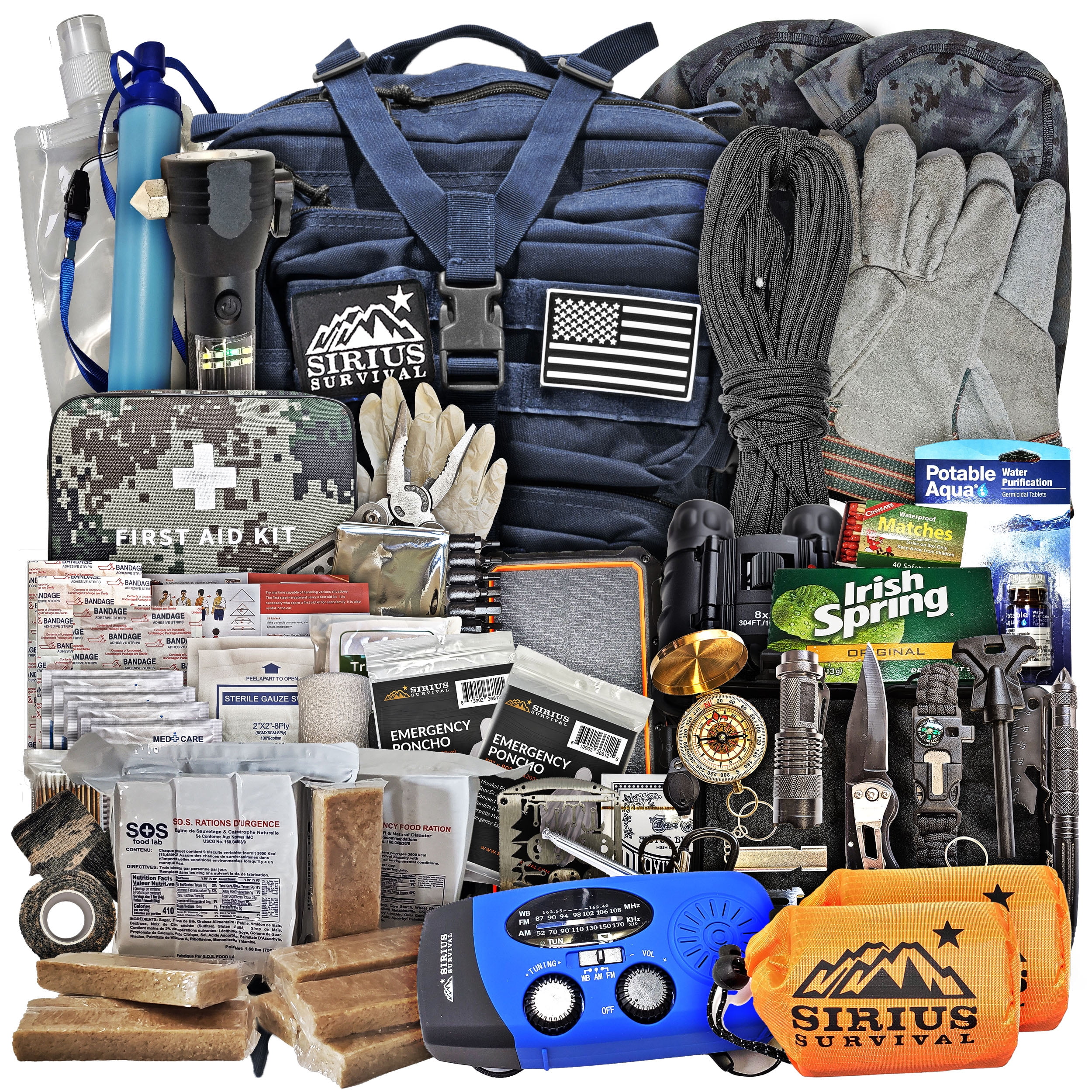 Pre-Packed Emergency Survival Kit/Bug Out Bag for 2 - Over 175 Total Pieces of Disaster Preparedness Supplies for Hurricanes, Floods, Earth Quakes & Other Disasters, Navy Blue