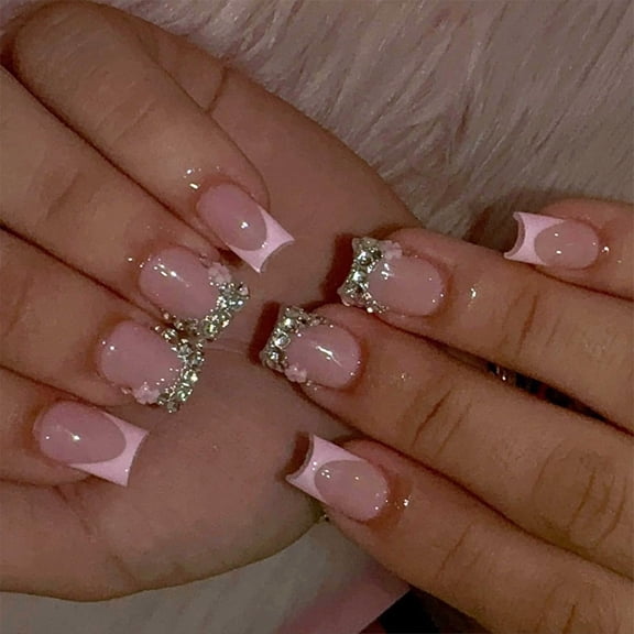AUQ Pink French Tip Press Nails Short Fake Nails 3D Flower Rhinestones Square Nail Tips Designs Silver Glitter Stick Nails French False Nails Full Cover Glossy Glue Nails Women