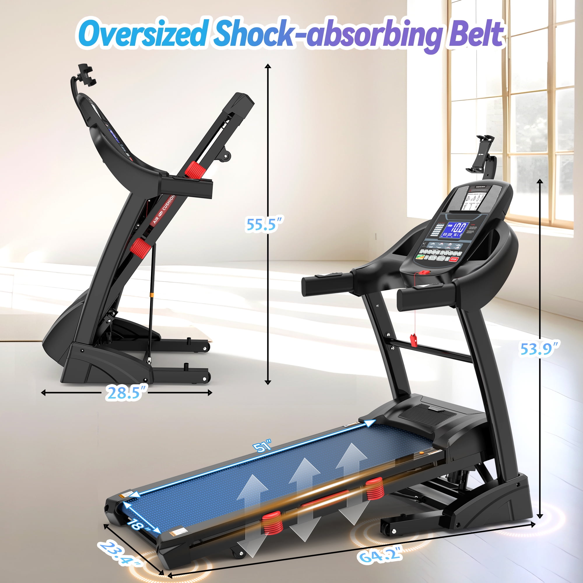 300lb Capacity Treadmill, 5HP Folding Treadmill w/ 15% Auto Incline, 10MPH Fast Speed, 64+3+3+1 Preset Programs, Portable Walking Jogging Machine