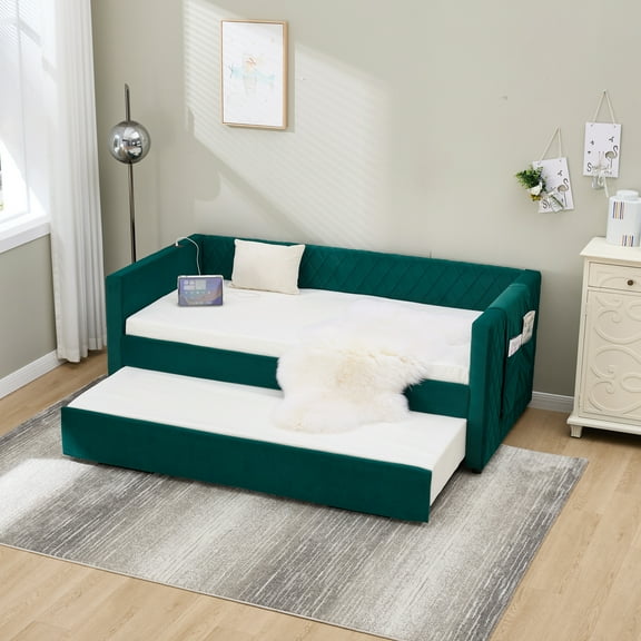 Jopath Twin Size Upholstered Daybed Frame with Trundle,USB Port ,Side Pockets,Velvet Daybed with Diamond Grid Design for Bedroom Living Room Guest Room Emerald