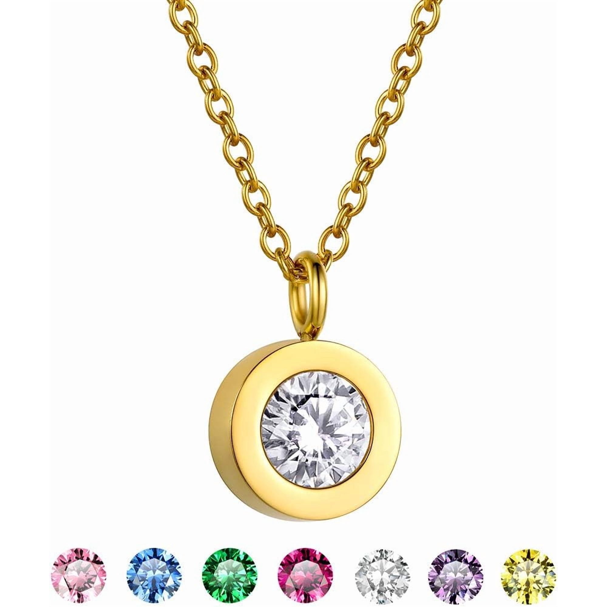 JEWELRY 12 Months Birthstone Necklace for Women, Surgical Stainless Steel 6mm Round CZ Solitaire Sparkly Bezel Pendant Necklace with 18"+2" Chain, Birthday or Anniversary with Gift Box[z744]