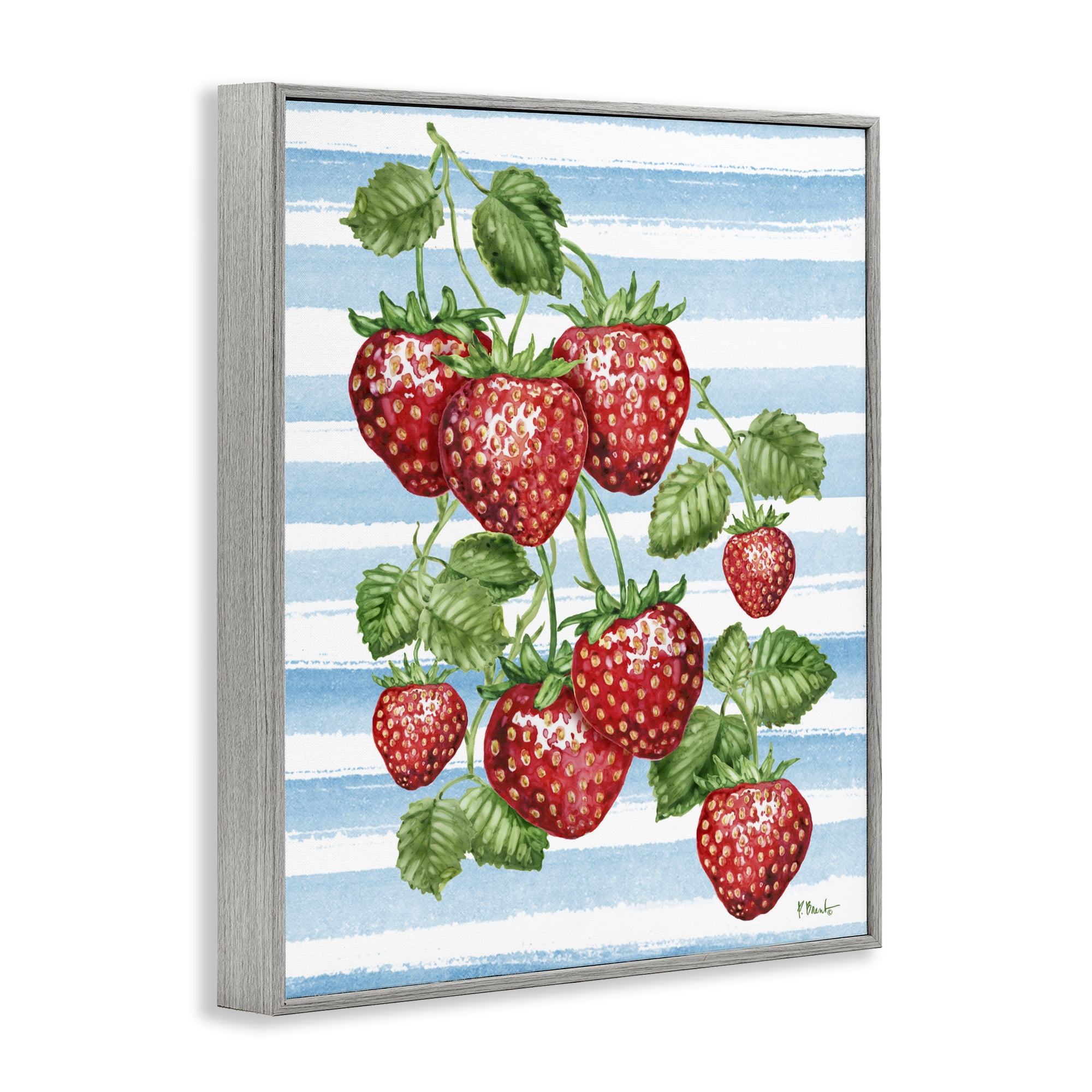 Stupell Industries Juicy Strawberry Vine on Stripes Gray Framed Giclee Art, design by Paul Brent