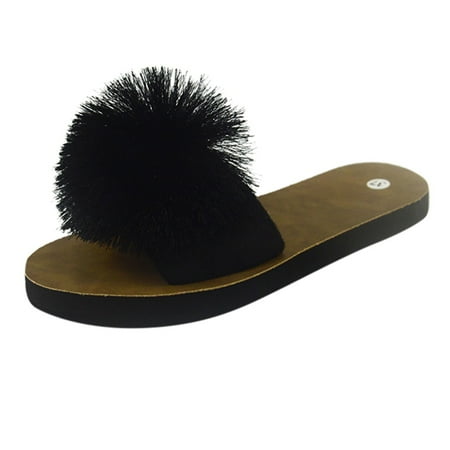 

Women Beach Breathable Hair Ball Sandals Home Slipper Flip-Flops Flat Shoes