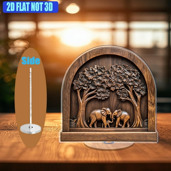 A rotating acrylic display featuring elephants under trees within a vintage semicircular arch, walnut textured, enhances any wall decor