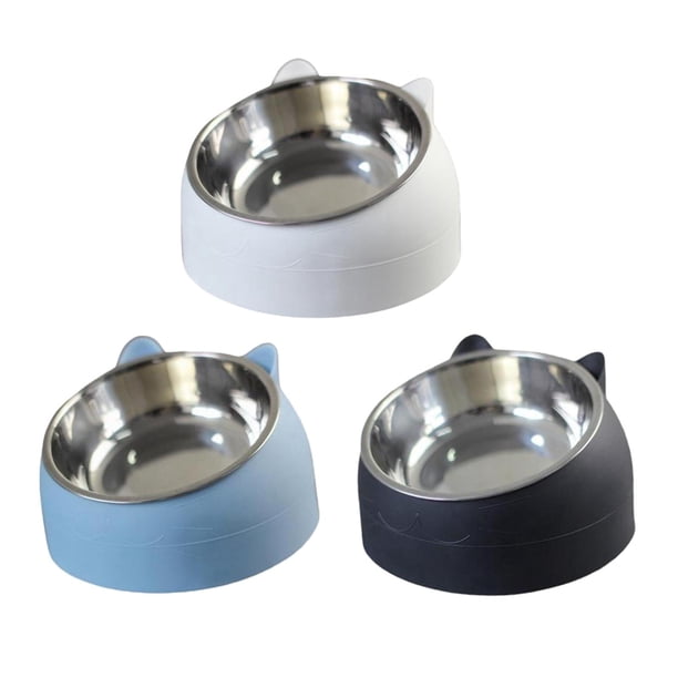 3 cuencos de metal elevados para gatos y perros, antideslizantes, para perros pequeños y medianos. Azul y blanco