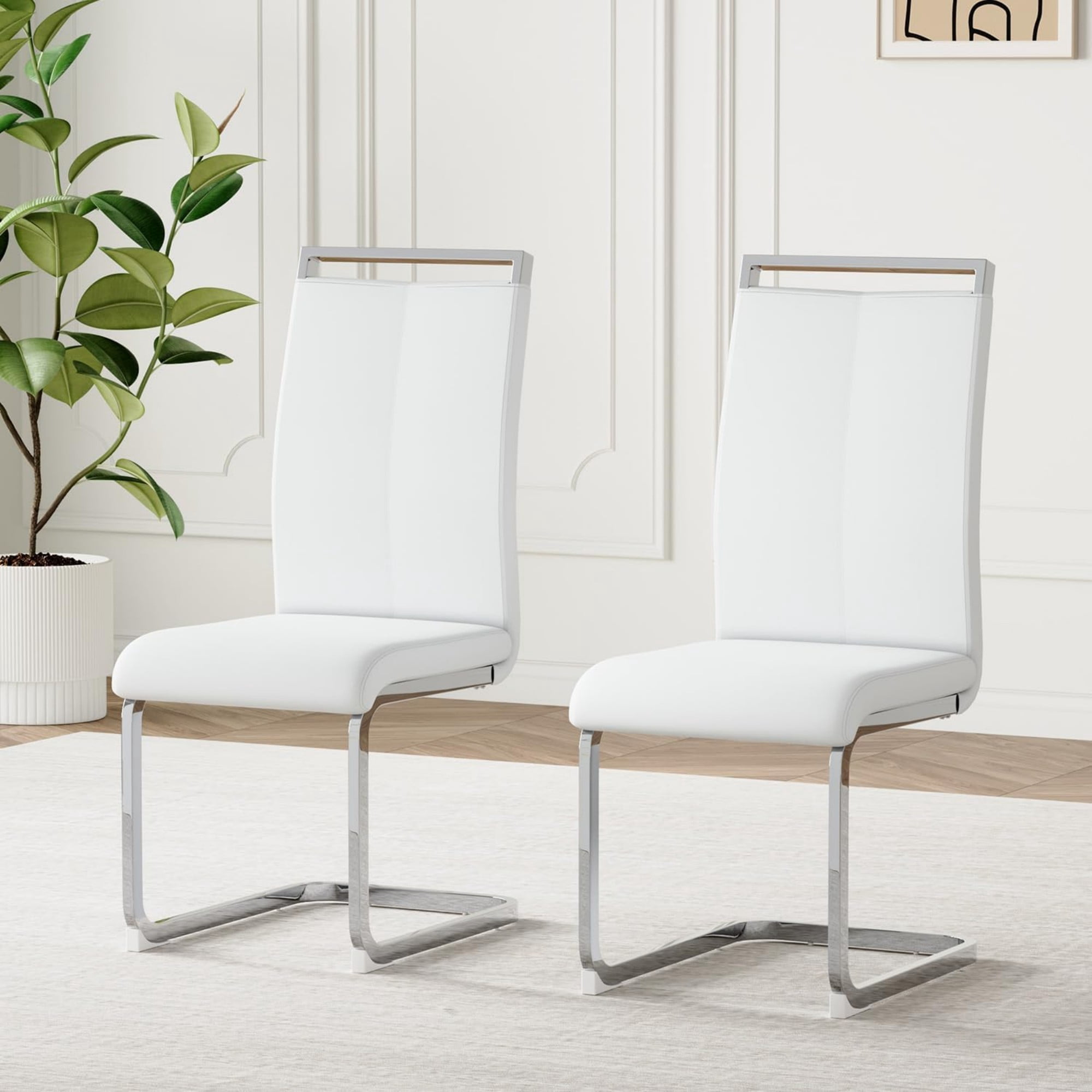 SUDICA Dining Chairs Set of 2 White PU Leather Upholstered Side Chairs with Chrome Metal Legs for Kitchen Dining Room
