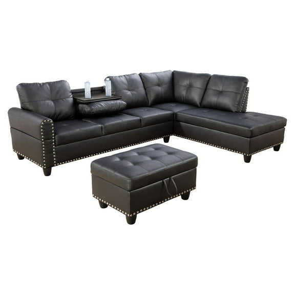 PonLiving Furniture Room Sectional Set, Leather Sectional Sofa in Home, with Storage Ottoman and Matching Pillows Right Hand Facing Black