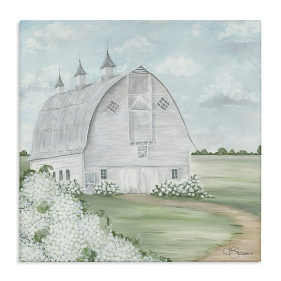 Stupell Industries Soft Country Landscape White Barn and Hydrangeas,24 x 24,Designed by Hollihocks Art