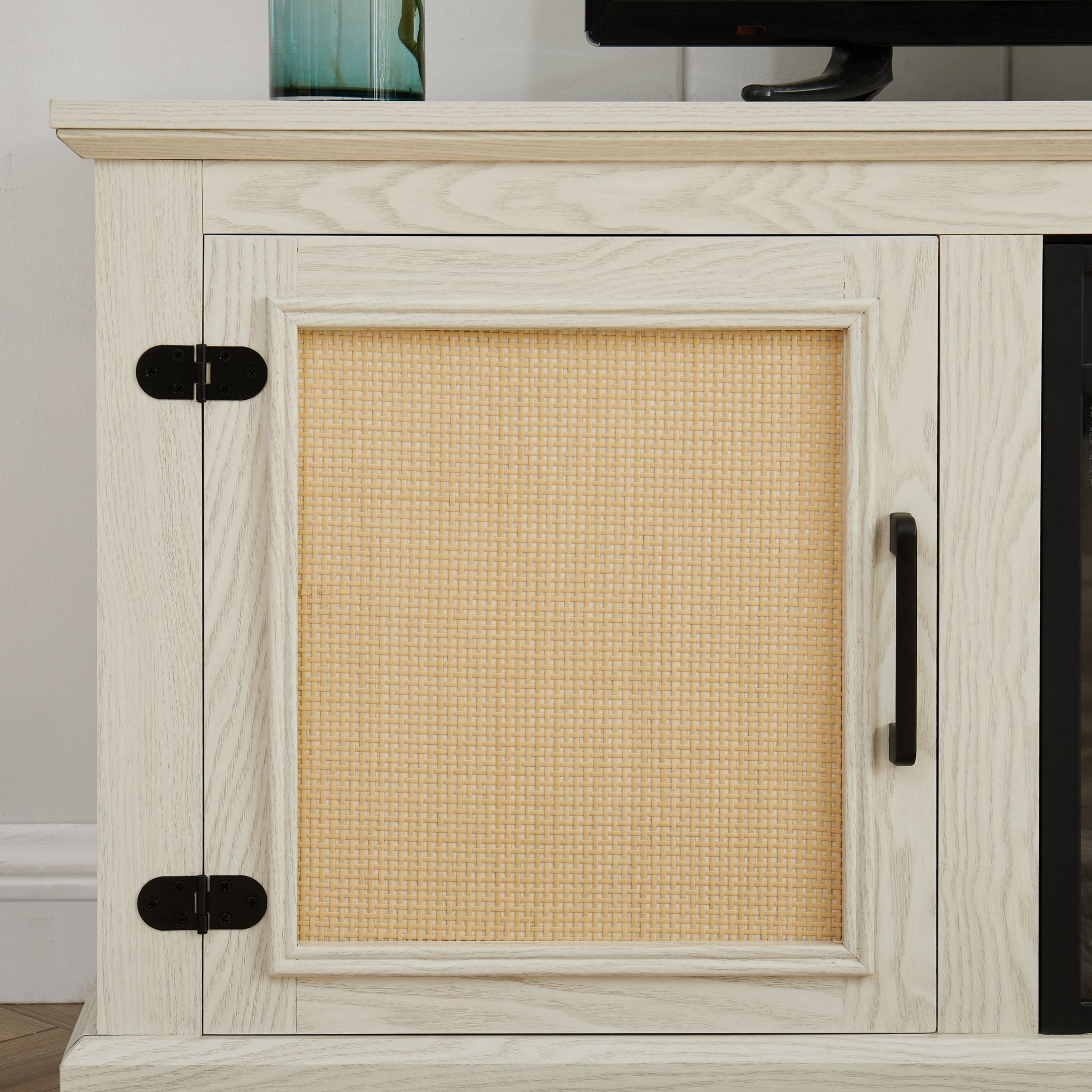 DEALTOPS Farmhouse TV Stand with Rattan Doors and Adjustable Shelves for TVs Up to 70'', Antique White
