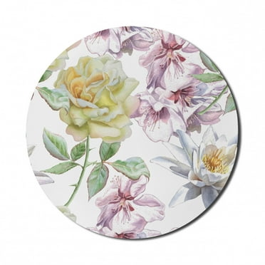 Floral Mouse Pad for Computers, Rose Petals Sakura Lily Flowers Blooms Romance Florets Design, Round Non-Slip Thick Rubber Modern Gaming Mousepad, 8" Round, Fern Green Pale Pink, by Ambesonne