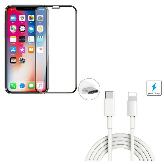 iPhone XS/X - Tempered Glass Screen Protector w 6ft USB Cable - 5D Touch Curved Edge Full Cover Bubble Free Case Friendly 9H Hardness, Type-C to iPhone Charger Power Cord Sync Wire
