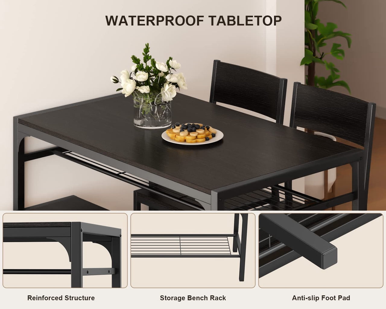 4-Piece Dining Table Set for 4, Kitchen Table with 2 Chairs & Bench, Compact Furniture for Small Space & Apartment Black