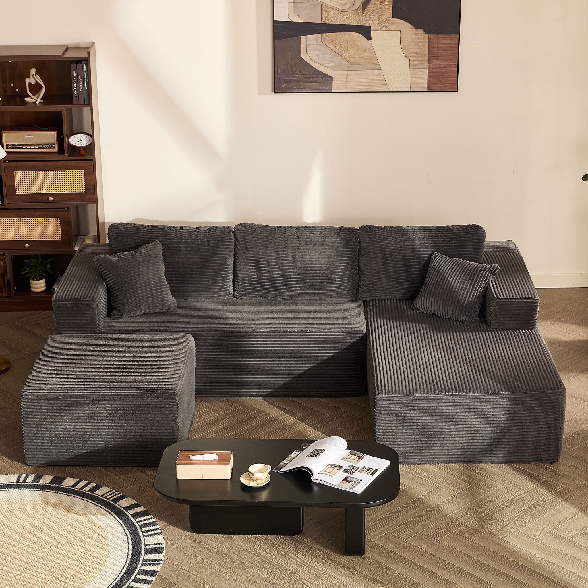 BIGSYY 107" Boneless Couch with Deep Seat, Modular Sectional Sofa, Cloud Sectional Couch for Living Room, No Assembly Required, Corduroy, U-Shape 3 Seater Right, Gray
