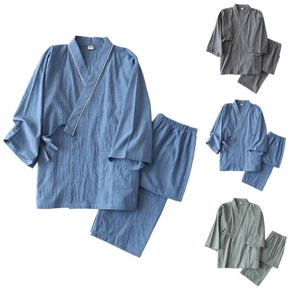 Bxsruta Unisex Cotton Pajama Set Kimono Style Loungewear Two Piece Sleepwear Lounge Outfit