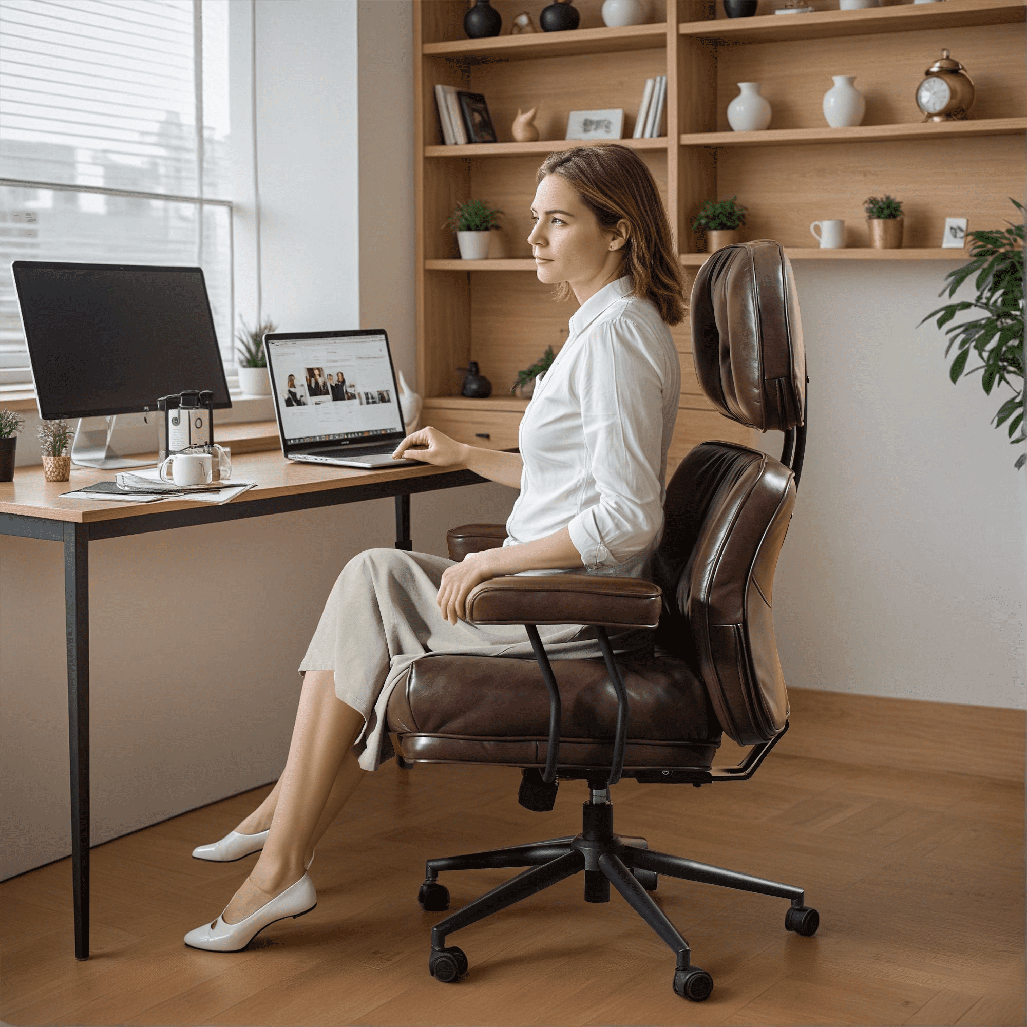 Vcatnet Ergonomic Executive Office Chair, High Back Computer Chair with Lumbar Support, PU Leather Mid-Century Modern Adjustable Home Office Desk Chair, Dark Brown