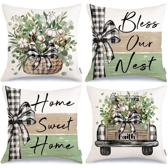 Eucalyptus Home Sweet Home Throw Pillow Covers 18x18 Inch Set of 4, Cotton Truck Striped Bless Our Nest Spring Decorative Farmhouse Decoration for Home G541-18